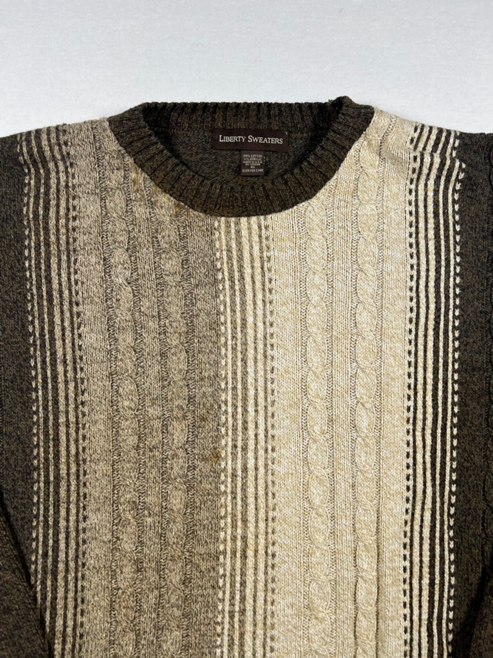 Vintage 90s Cable Tight Knit Brown Pullover Crewneck Sweater Men Size XL - Picture 3 of 8